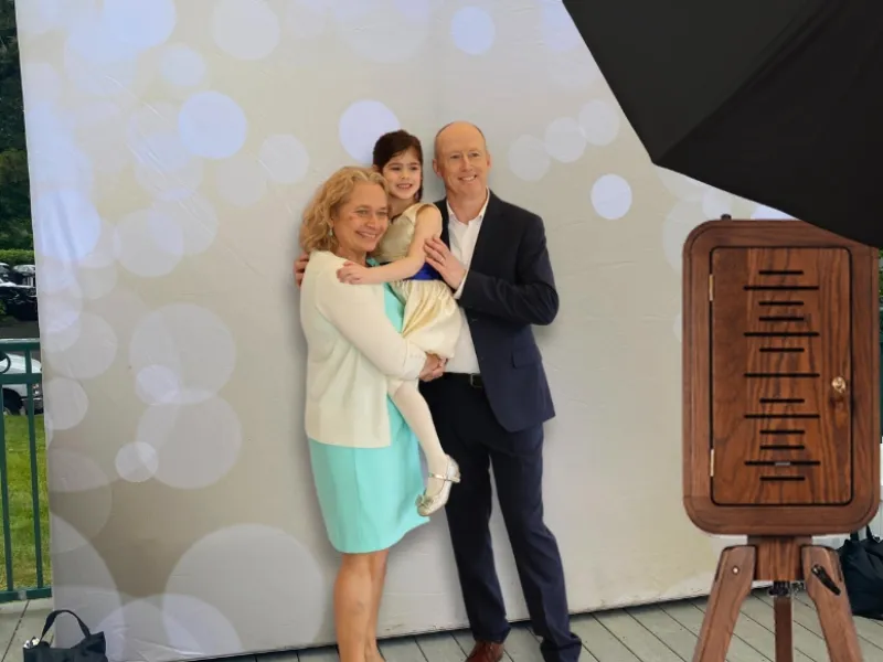 Close-up of the Flashback booth wood finish and branding